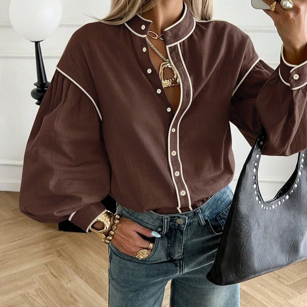 Brown Casual Women's Contrast Trim Long Sleeve Cotton Blouse